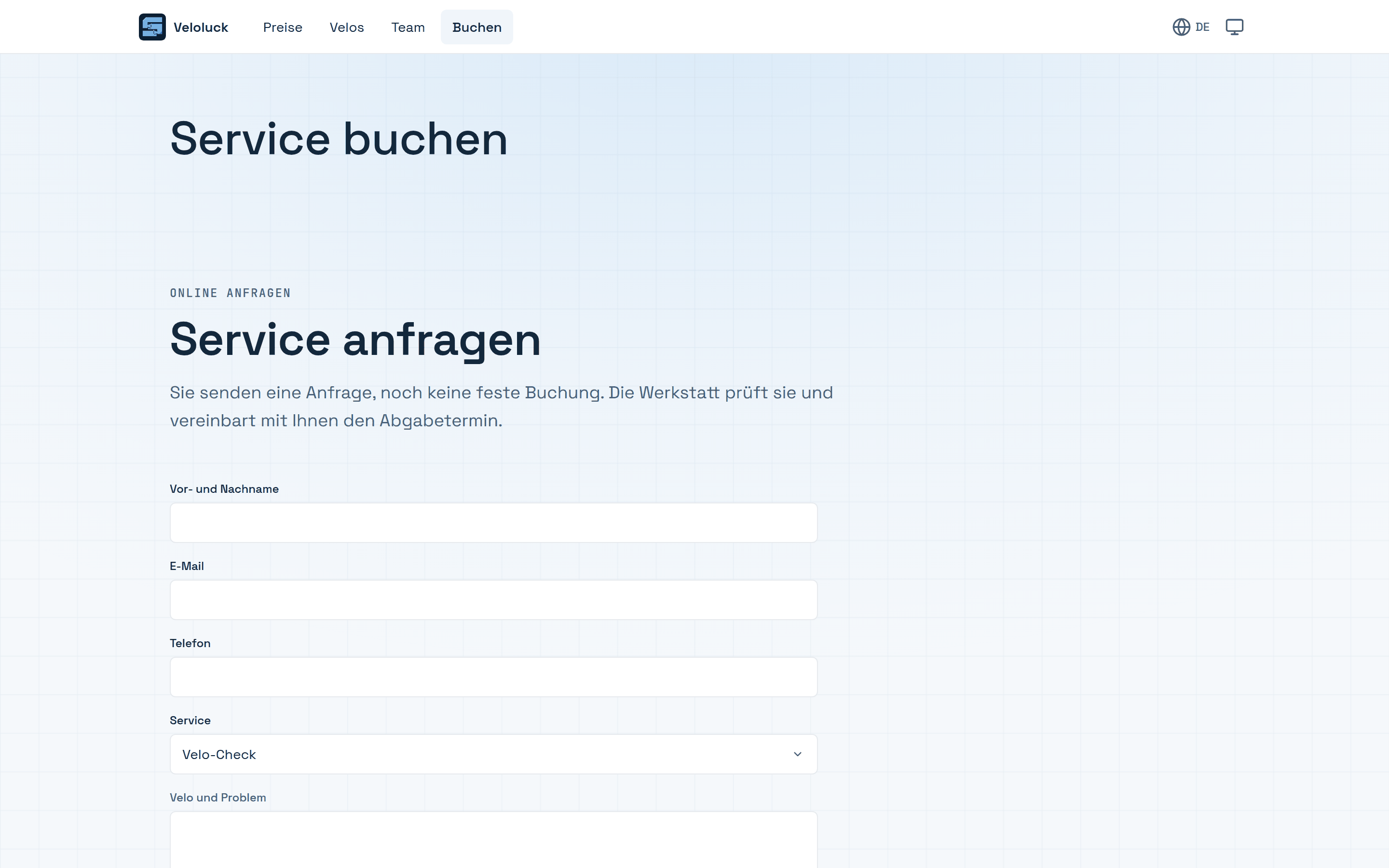 Die Buchungsseite der Website von Veloluck