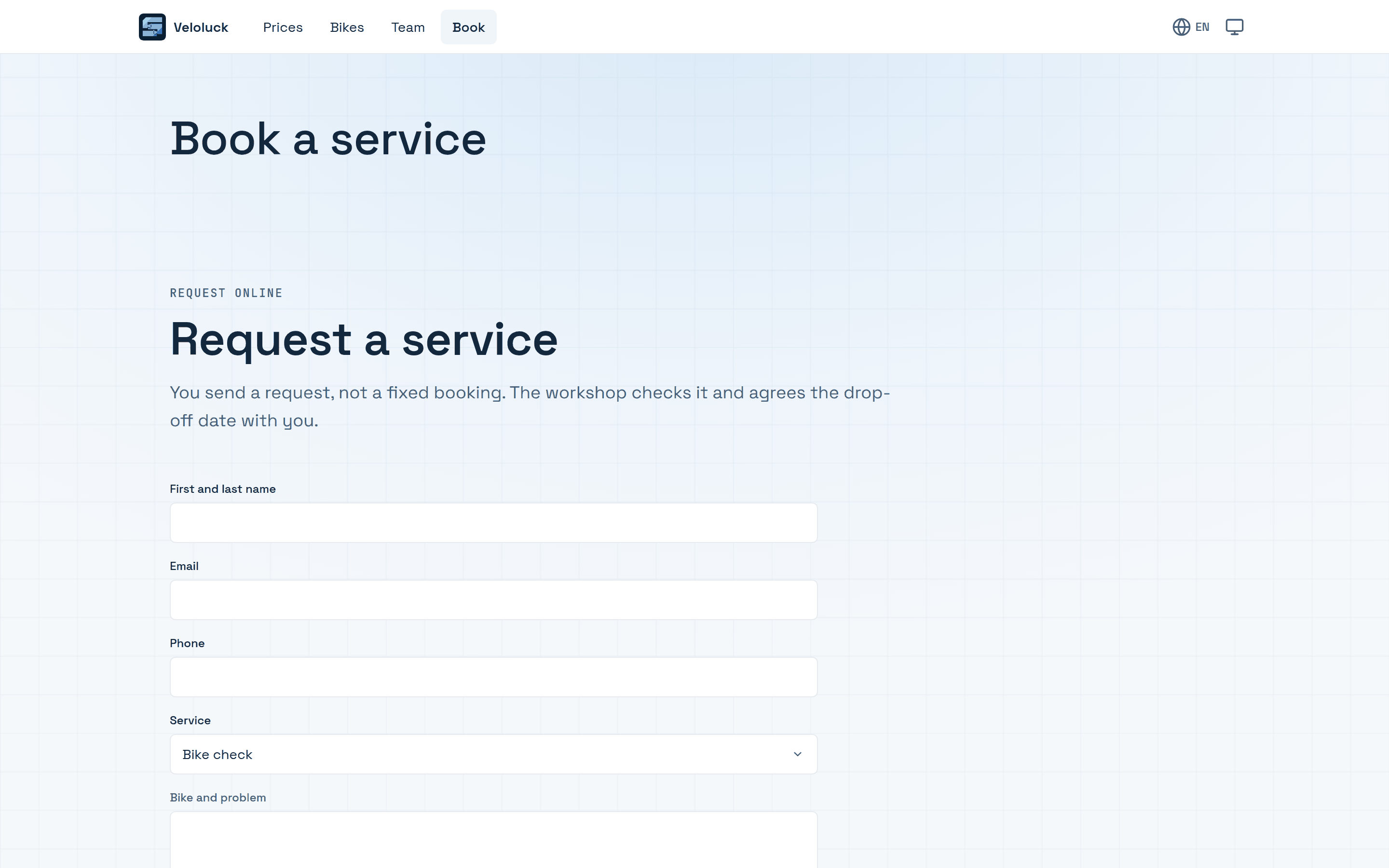 The booking page of the Veloluck website